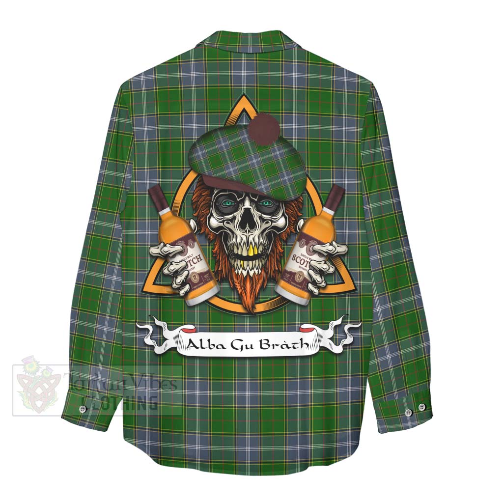 Tartan Vibes Clothing Pringle Tartan Women's Casual Shirt with Family Crest and Bearded Skull Holding Bottles of Whiskey