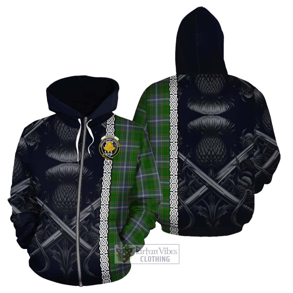 Tartan Vibes Clothing Pringle Tartan Cotton Hoodie with Family Crest Cross Sword Thistle Celtic Vibes