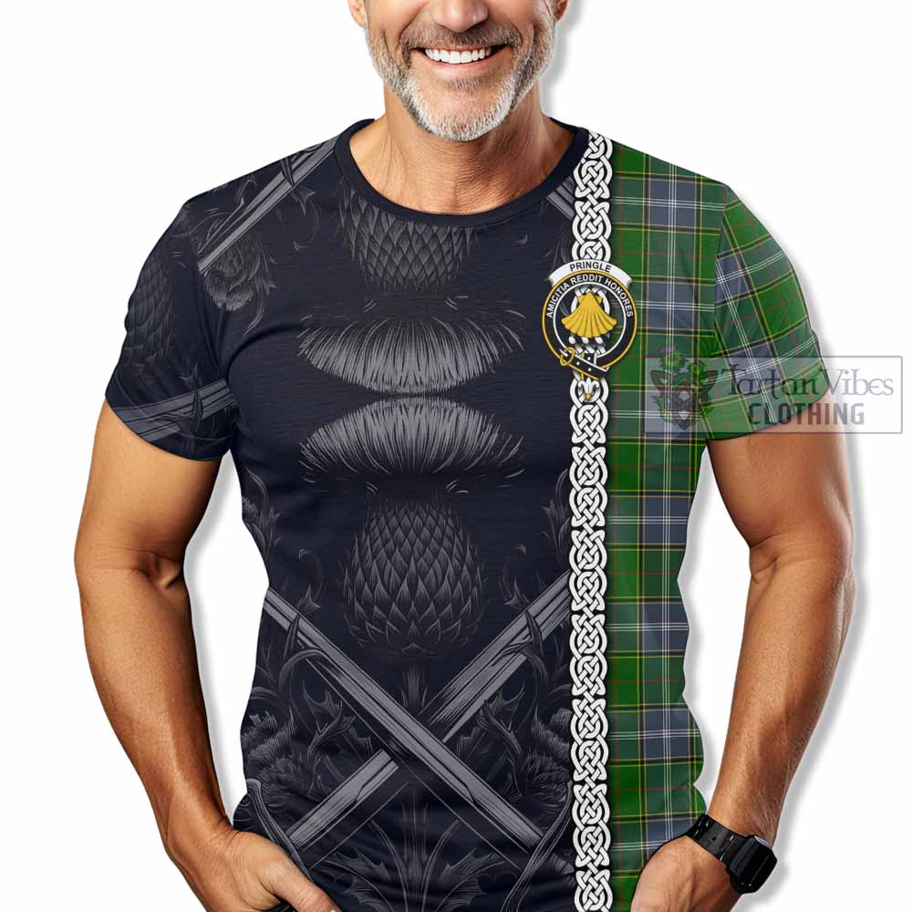 Tartan Vibes Clothing Pringle Tartan T-Shirt with Family Crest Cross Sword Thistle Celtic Vibes