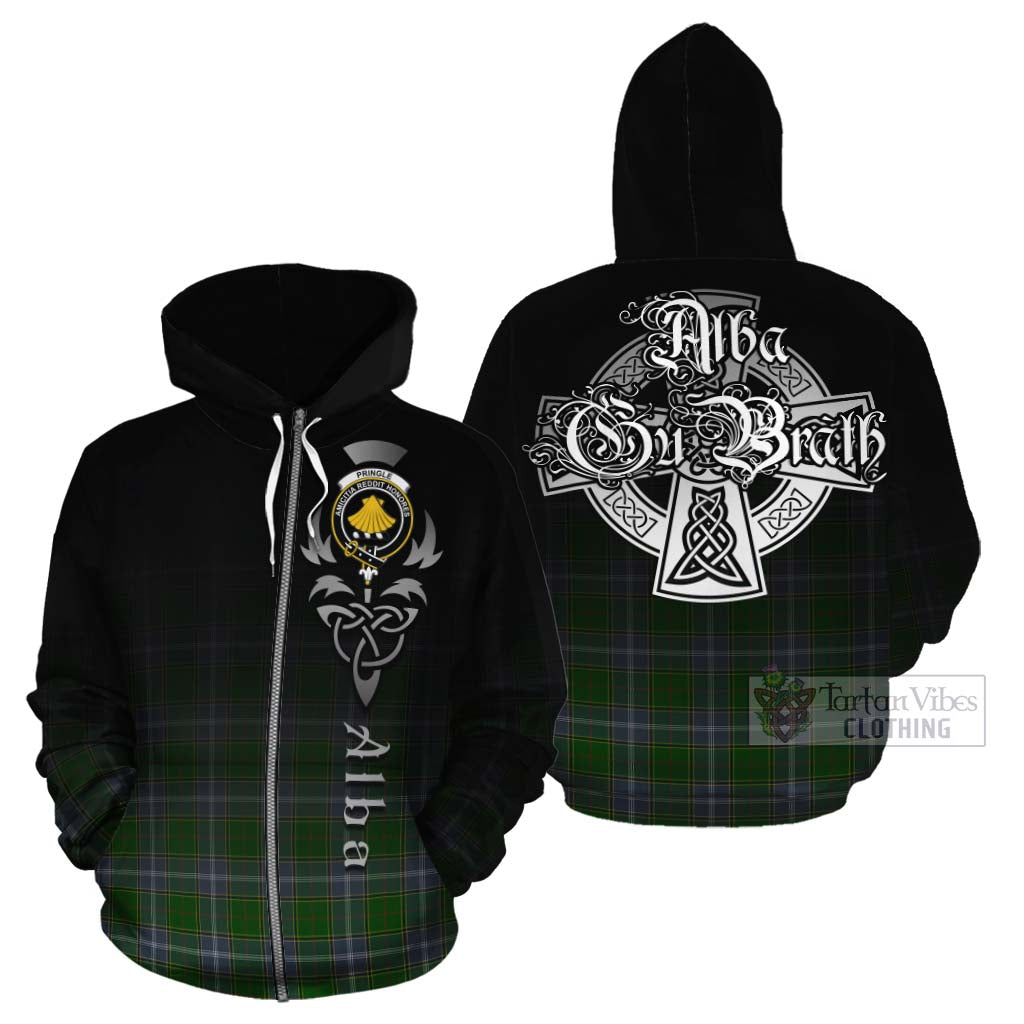 Tartan Vibes Clothing Pringle Tartan Cotton Hoodie Featuring Alba Gu Brath Family Crest Celtic Inspired