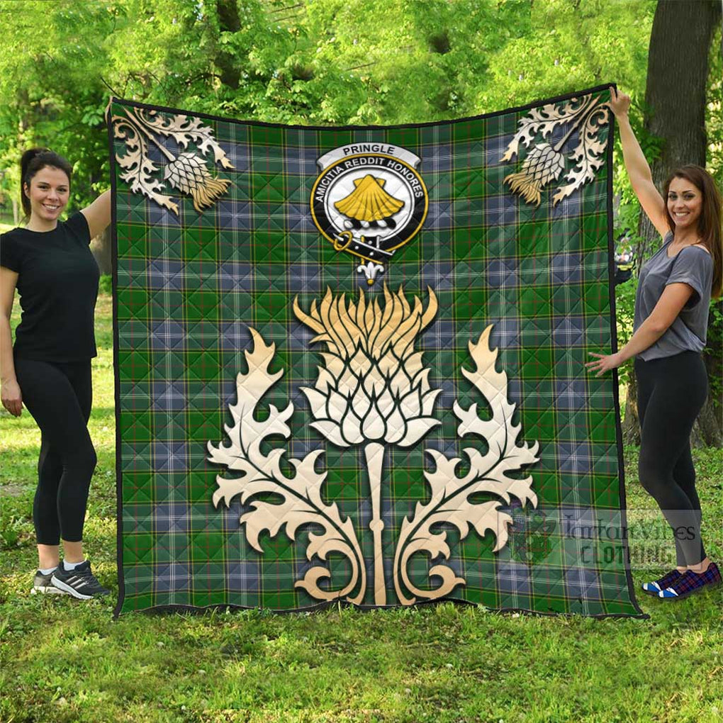 Tartan Vibes Clothing Pringle Tartan Quilt with Family Crest and Golden Thistle Style