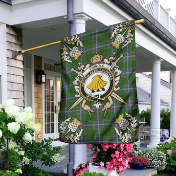 Pringle Tartan Garden Flag with Family Crest and Golden Thistle Crossed Sword Design - Tartan Vibes Clothing