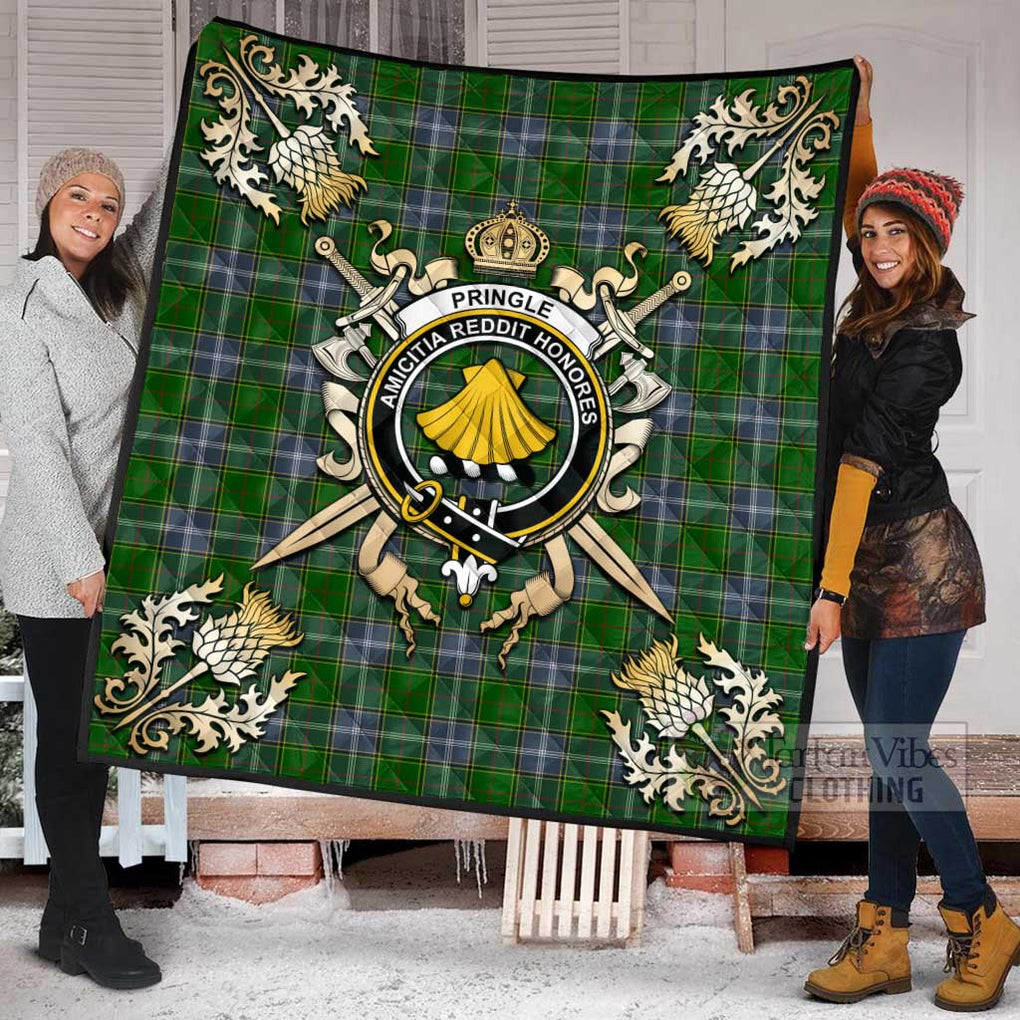 Tartan Vibes Clothing Pringle Tartan Quilt with Family Crest and Scottish Golden Courage Shield