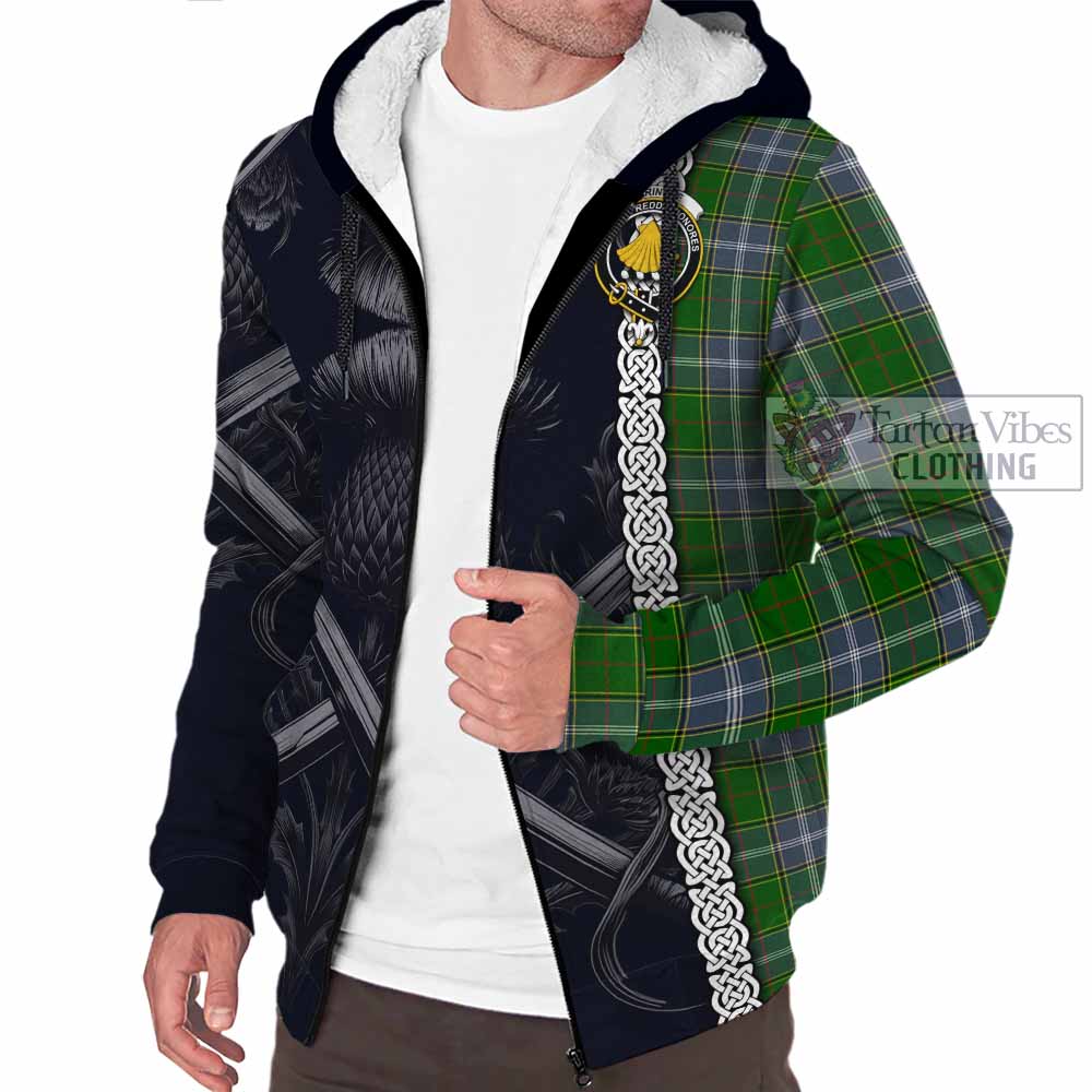 Pringle Tartan Sherpa Hoodie with Family Crest Cross Sword Thistle Celtic Vibes - Tartan Vibes Clothing