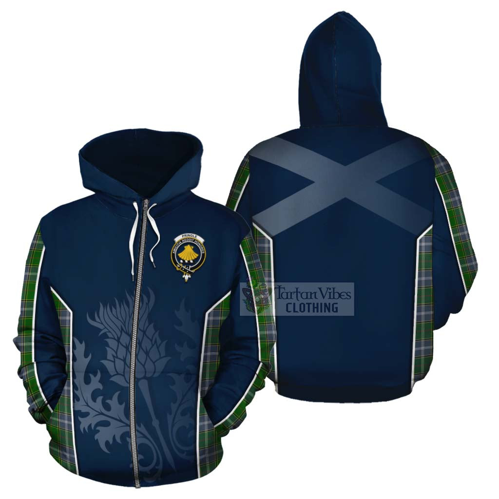 Tartan Vibes Clothing Pringle Tartan Cotton Hoodie with Family Crest and Scottish Thistle Vibes Sport Style