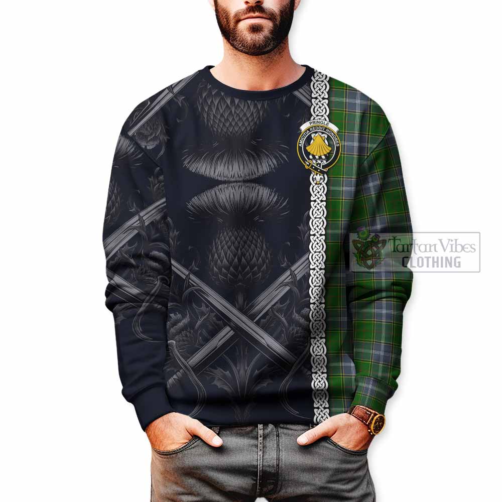 Tartan Vibes Clothing Pringle Tartan Sweatshirt with Family Crest Cross Sword Thistle Celtic Vibes