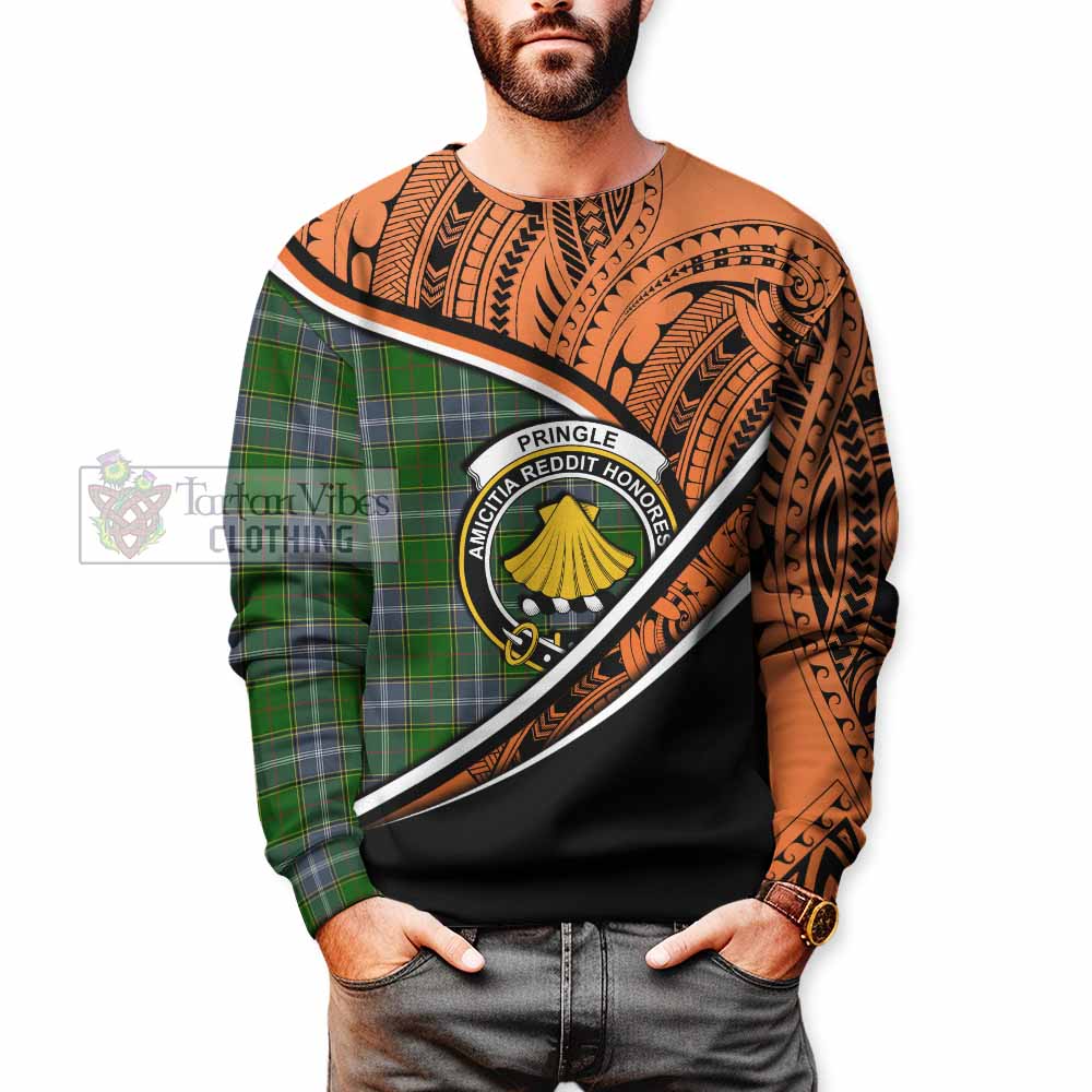 Tartan Vibes Clothing Pringle Crest Tartan Sweatshirt with Maori Tattoo Style - Orange Version