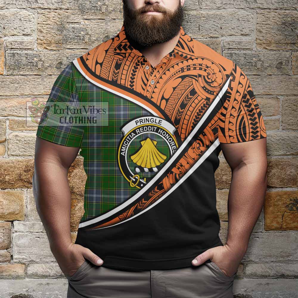 Tartan Vibes Clothing Pringle Crest Tartan Polo Shirt with Maori Tattoo Style - Orange Version