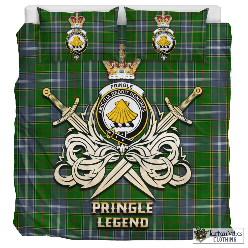 Tartan Vibes Clothing Pringle Tartan Bedding Set with Clan Crest and the Golden Sword of Courageous Legacy