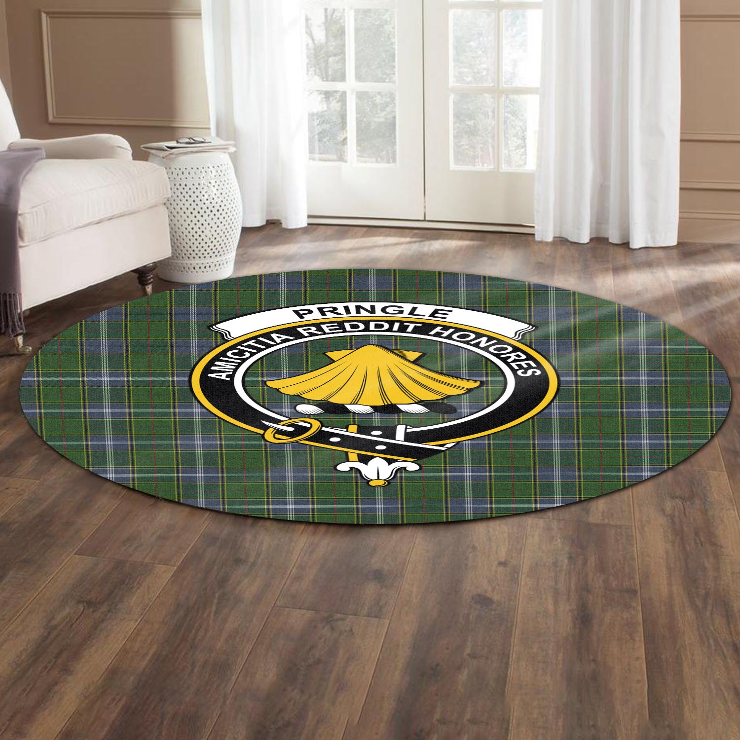 pringle-tartan-round-rug-with-family-crest