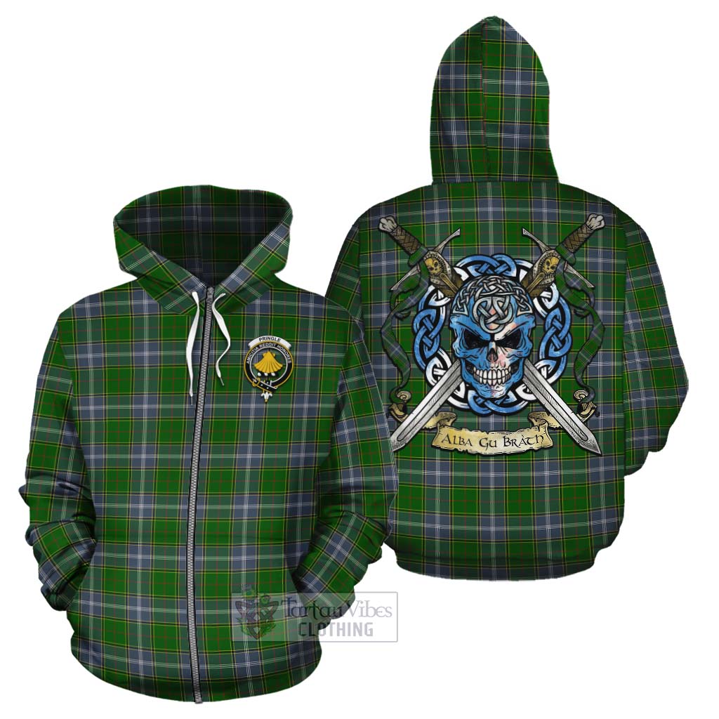 Tartan Vibes Clothing Pringle Tartan Cotton Hoodie with Family Crest Celtic Skull Style