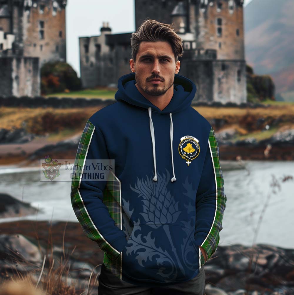 Tartan Vibes Clothing Pringle Tartan Cotton Hoodie with Family Crest and Scottish Thistle Vibes Sport Style