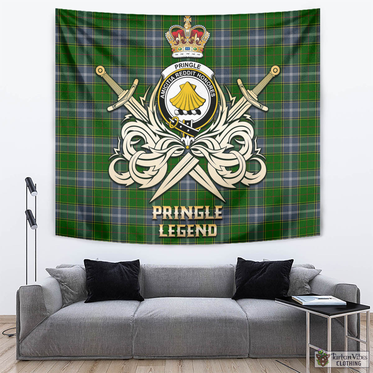 Tartan Vibes Clothing Pringle Tartan Tapestry with Clan Crest and the Golden Sword of Courageous Legacy