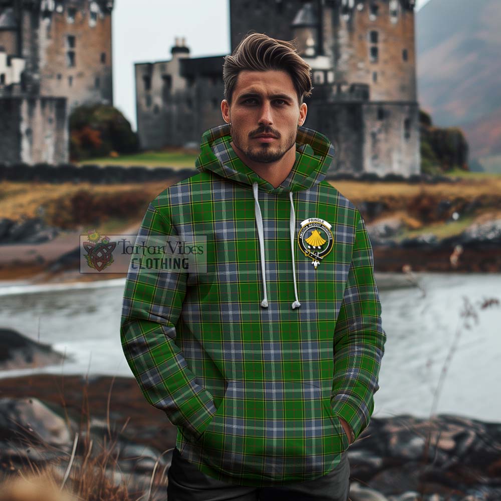 Tartan Vibes Clothing Pringle Tartan Cotton Hoodie with Family Crest Celtic Skull Style