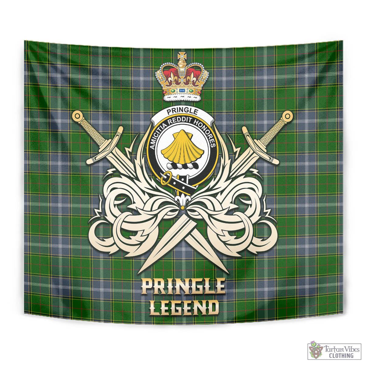 Tartan Vibes Clothing Pringle Tartan Tapestry with Clan Crest and the Golden Sword of Courageous Legacy