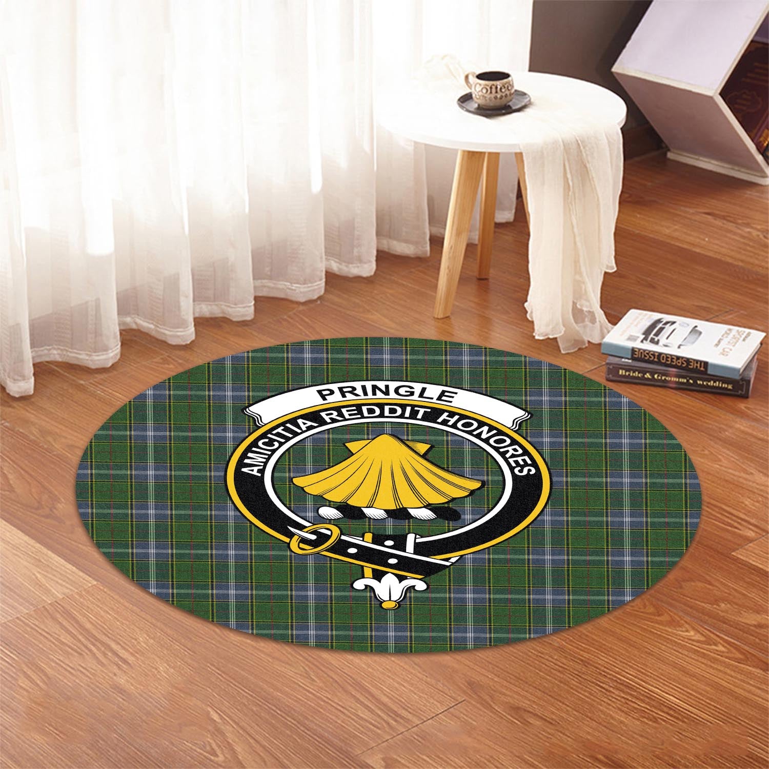 pringle-tartan-round-rug-with-family-crest