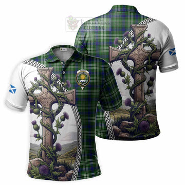 Purves Tartan Polo Shirt with Family Crest and St. Andrew's Cross Accented by Thistle Vines