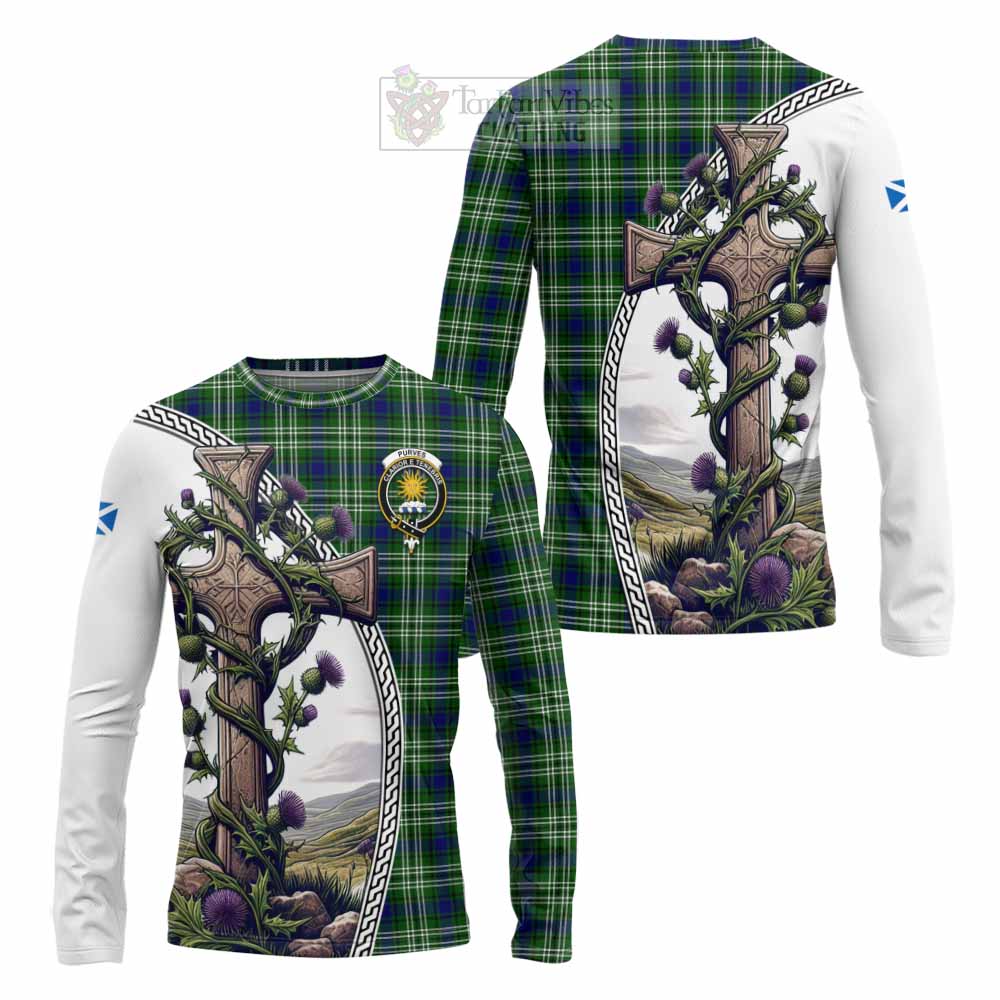 Tartan Vibes Clothing Purves Tartan Long Sleeve T-Shirt with Family Crest and St. Andrew's Cross Accented by Thistle Vines