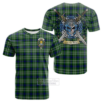 Purves Tartan Cotton T-shirt with Family Crest Celtic Skull Style