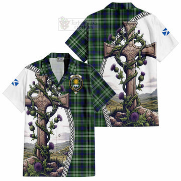 Purves Tartan Short Sleeve Button Shirt with Family Crest and St. Andrew's Cross Accented by Thistle Vines