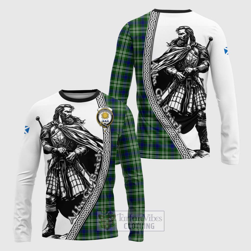 Tartan Vibes Clothing Purves Tartan Clan Crest Long Sleeve T-Shirt with Highlander Warrior Celtic Style