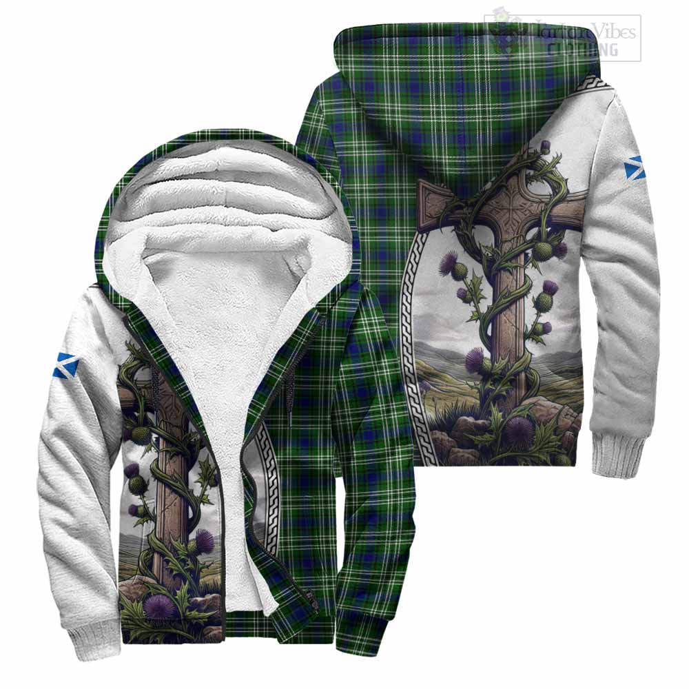 Tartan Vibes Clothing Purves Tartan Sherpa Hoodie with Family Crest and St. Andrew's Cross Accented by Thistle Vines