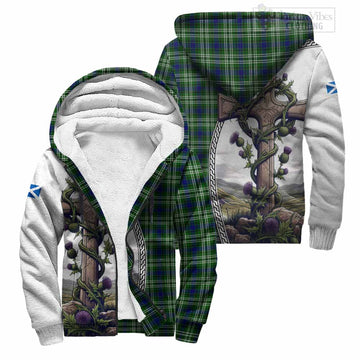 Purves Tartan Sherpa Hoodie with Family Crest and St. Andrew's Cross Accented by Thistle Vines