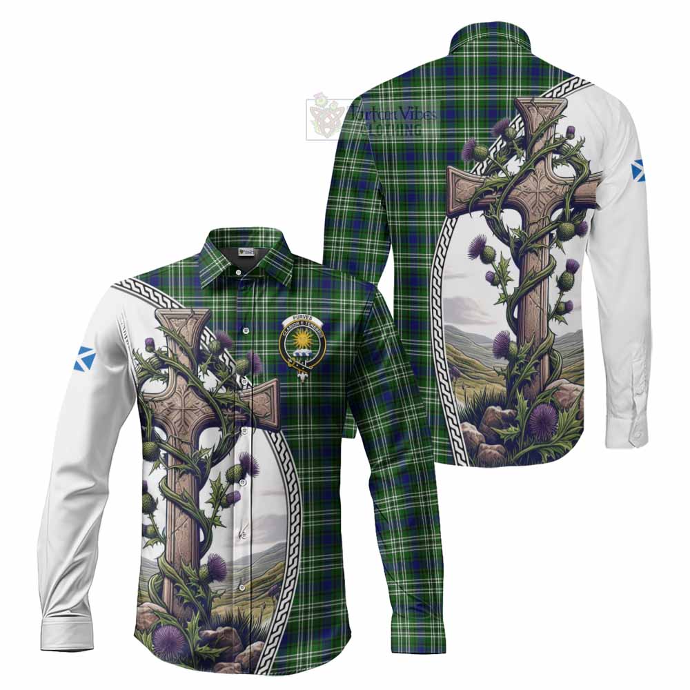 Tartan Vibes Clothing Purves Tartan Long Sleeve Button Shirt with Family Crest and St. Andrew's Cross Accented by Thistle Vines