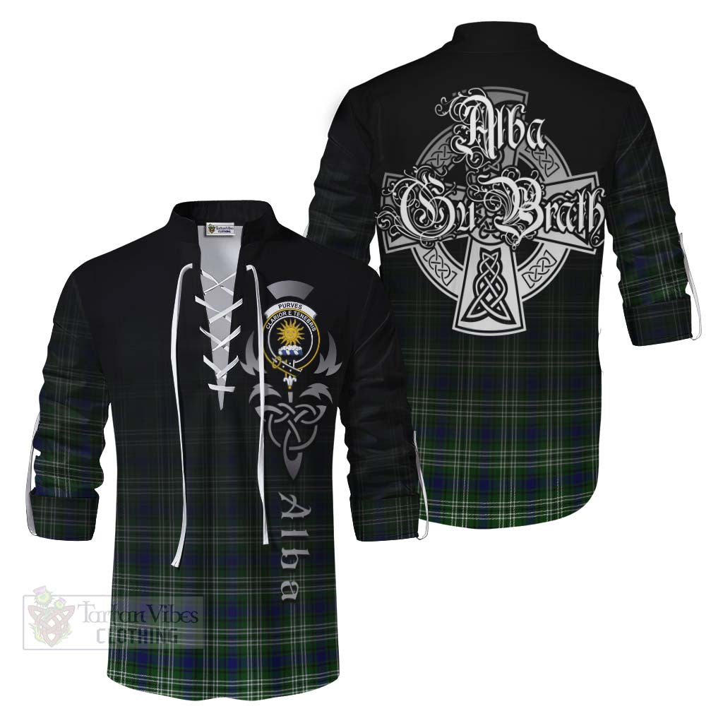 Tartan Vibes Clothing Purves Tartan Ghillie Kilt Shirt Featuring Alba Gu Brath Family Crest Celtic Inspired