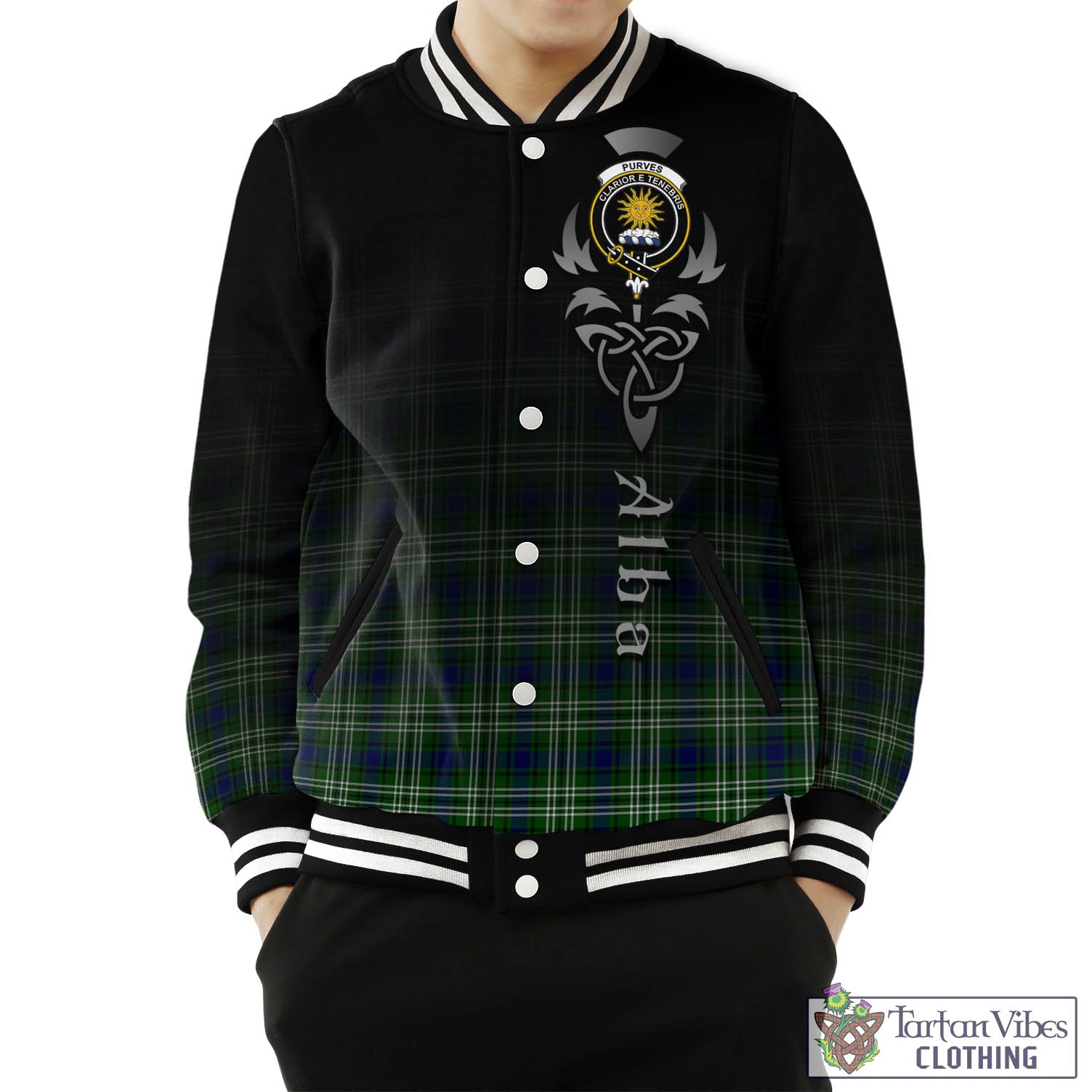 Tartan Vibes Clothing Purves Tartan Baseball Jacket Featuring Alba Gu Brath Family Crest Celtic Inspired