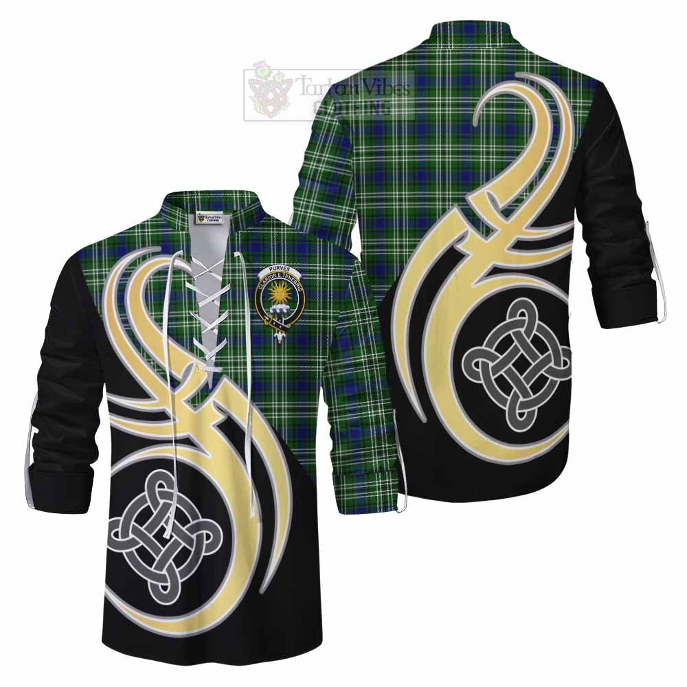 Tartan Vibes Clothing Purves Tartan Ghillie Kilt Shirt with Family Crest and Celtic Symbol Style