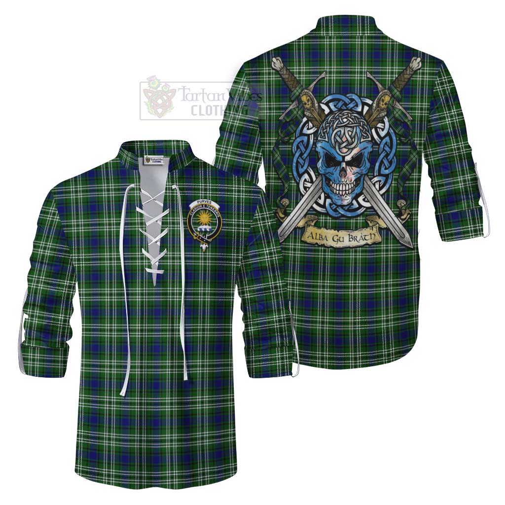 Tartan Vibes Clothing Purves Tartan Ghillie Kilt Shirt with Family Crest Celtic Skull Style