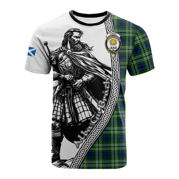 Purves Tartan Clan Crest Cotton T-shirt with Highlander Warrior Celtic Style