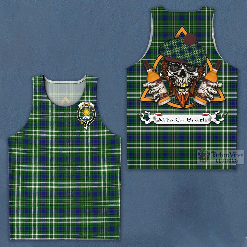 Tartan Vibes Clothing Purves Tartan Men's Tank Top with Family Crest and Bearded Skull Holding Bottles of Whiskey