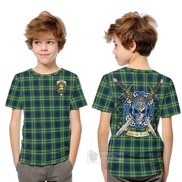 Purves Tartan Kid T-Shirt with Family Crest Celtic Skull Style