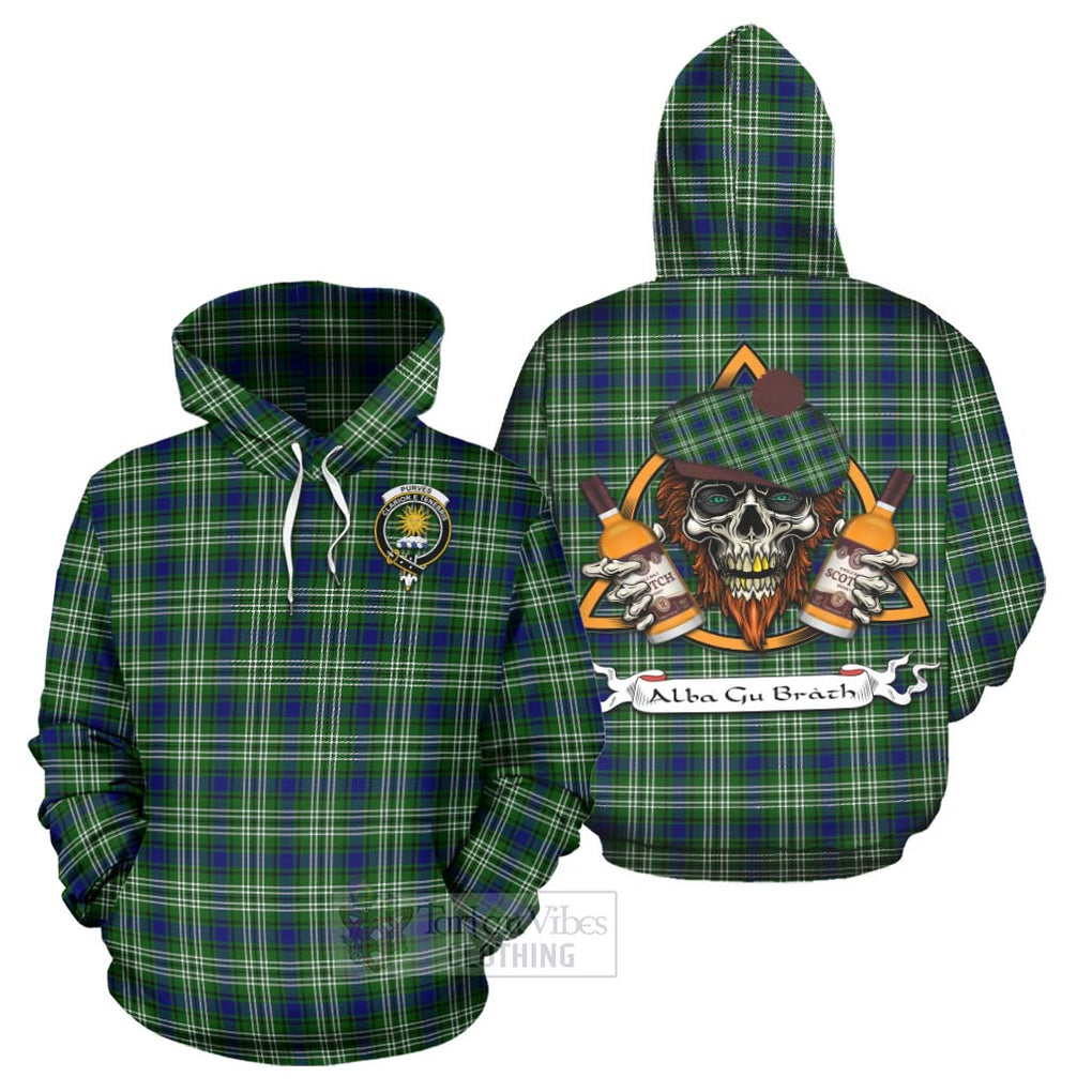 Tartan Vibes Clothing Purves Tartan Hoodie with Family Crest and Bearded Skull Holding Bottles of Whiskey