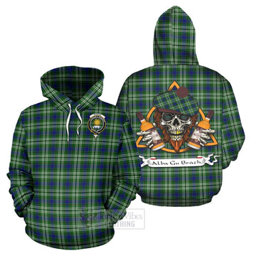 Purves Tartan Hoodie with Family Crest and Bearded Skull Holding Bottles of Whiskey