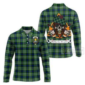 Purves Tartan Long Sleeve Polo Shirt with Family Crest and Bearded Skull Holding Bottles of Whiskey