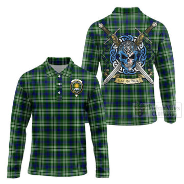 Purves Tartan Long Sleeve Polo Shirt with Family Crest Celtic Skull Style