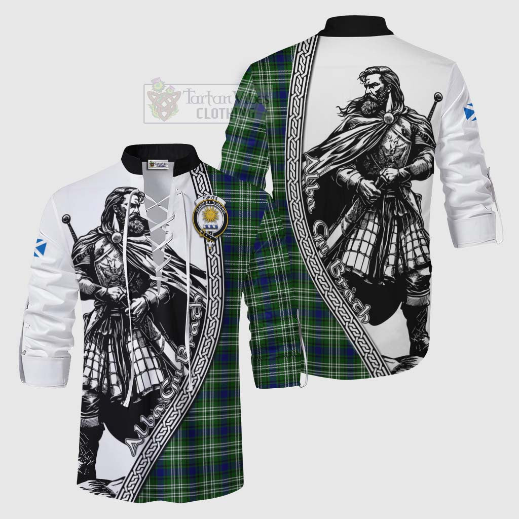 Tartan Vibes Clothing Purves Tartan Clan Crest Ghillie Kilt Shirt with Highlander Warrior Celtic Style