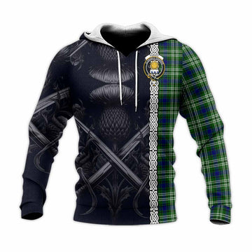 Purves Tartan Knitted Hoodie with Family Crest Cross Sword Thistle Celtic Vibes