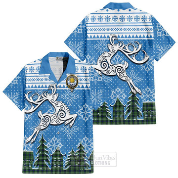 Purves Clan Christmas Short Sleeve Button Shirt Celtic Reindeer Style