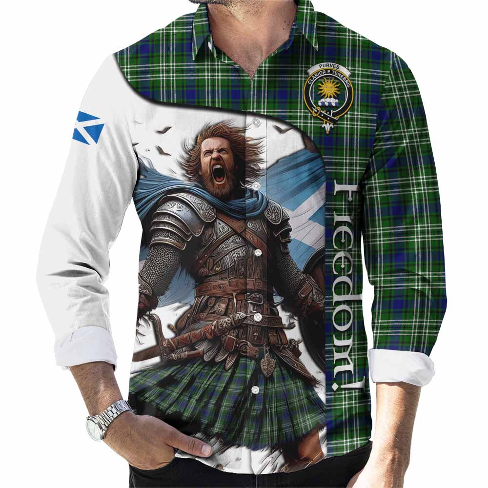 Tartan Vibes Clothing Purves Crest Tartan Long Sleeve Button Shirt Inspired by the Freedom of Scottish Warrior