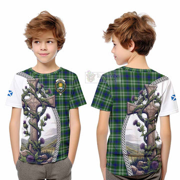 Purves Tartan Kid T-Shirt with Family Crest and St. Andrew's Cross Accented by Thistle Vines