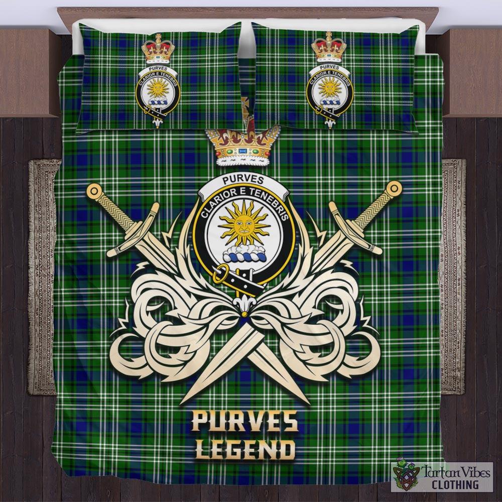 Tartan Vibes Clothing Purves Tartan Bedding Set with Clan Crest and the Golden Sword of Courageous Legacy