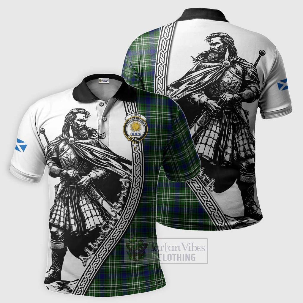 Tartan Vibes Clothing Purves Tartan Clan Crest Polo Shirt with Highlander Warrior Celtic Style