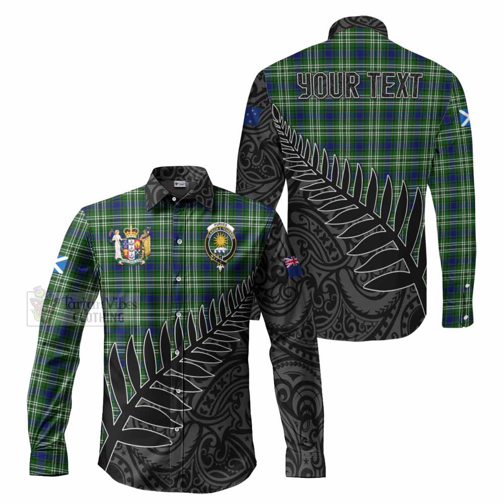 Tartan Vibes Clothing Purves Crest Tartan Long Sleeve Button Shirt with New Zealand Silver Fern Half Style