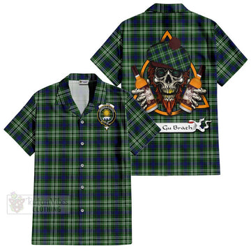 Purves Tartan Short Sleeve Button Shirt with Family Crest and Bearded Skull Holding Bottles of Whiskey