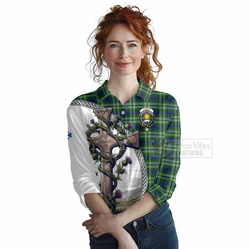 Tartan Vibes Clothing Purves Tartan Women's Casual Shirt with Family Crest and St. Andrew's Cross Accented by Thistle Vines