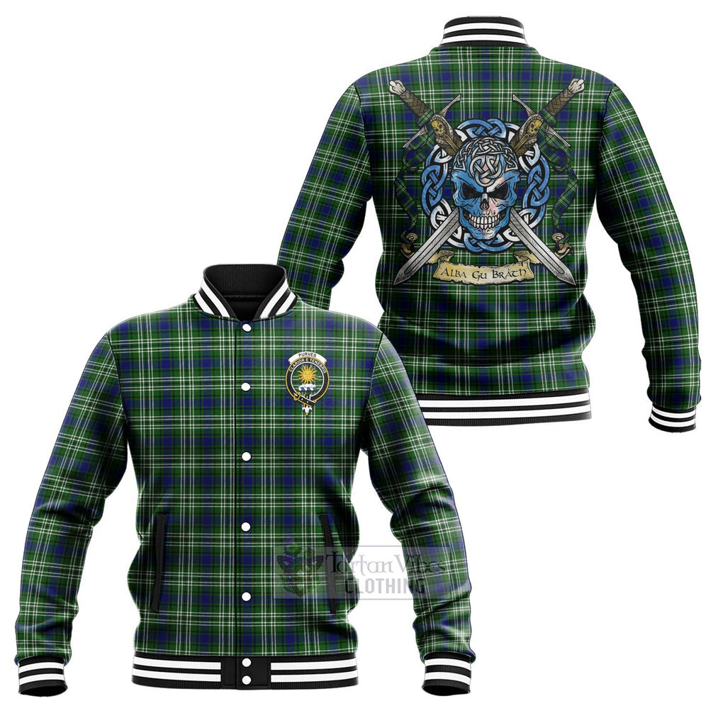 Tartan Vibes Clothing Purves Tartan Baseball Jacket with Family Crest Celtic Skull Style